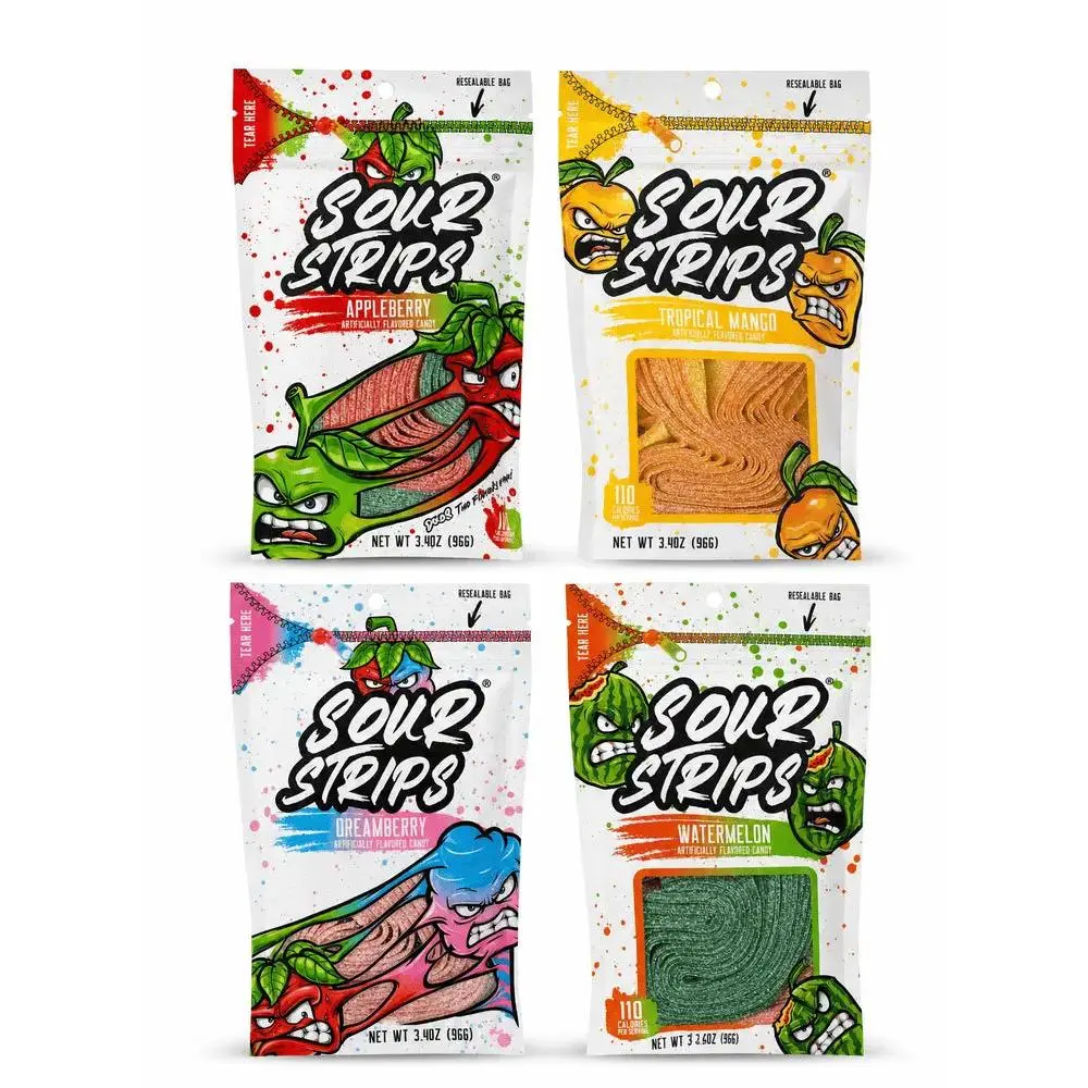 Sour Strips Fruity Candies, 4-Pack Assorted Snack with Consistent Sour Taste - Tropical Mango, Watermelon, Dreamberry, Appleberry Flavors, Assorted Fruity Treats