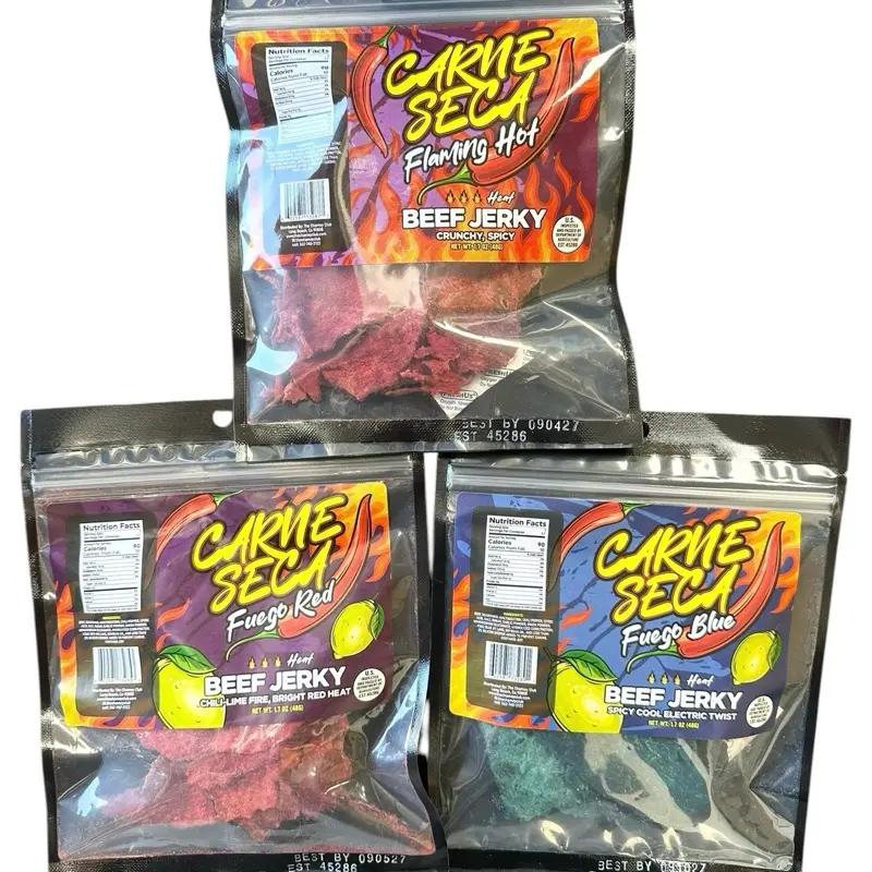 Carne Seca 3-Pack - Flaming Hot - Fuego Red - Fuego Blue - all 1.7 oz bags bulk gummy candy Spicy Dried Meat Snack