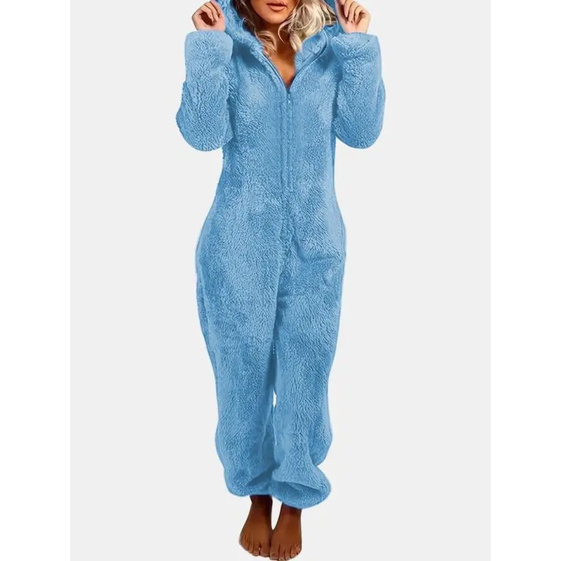 Women's Solid Fluffy Pajama Jumpsuit - Hooded Teddy Bear Ear Zipper Fall Winter Sleepwear