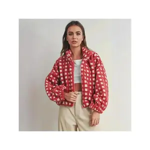 Women'sPlushRedandWhiteHoundstoothCoat-WarmLongSleeveJacketwithCollar,CasualtoFormalOuterwearTopsWomenswear