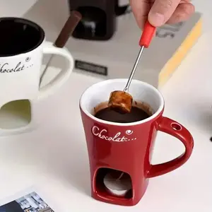 Ceramic Chocolate Fondue Mug with Fork - Melting Cup for Chocolate/Cheese/Ice Cream, Heat Resistant, Candle & Microwave-Safe, Ideal for Date Night/Home Kitchen, Holiday/Birthday/Valentine's Day Gift