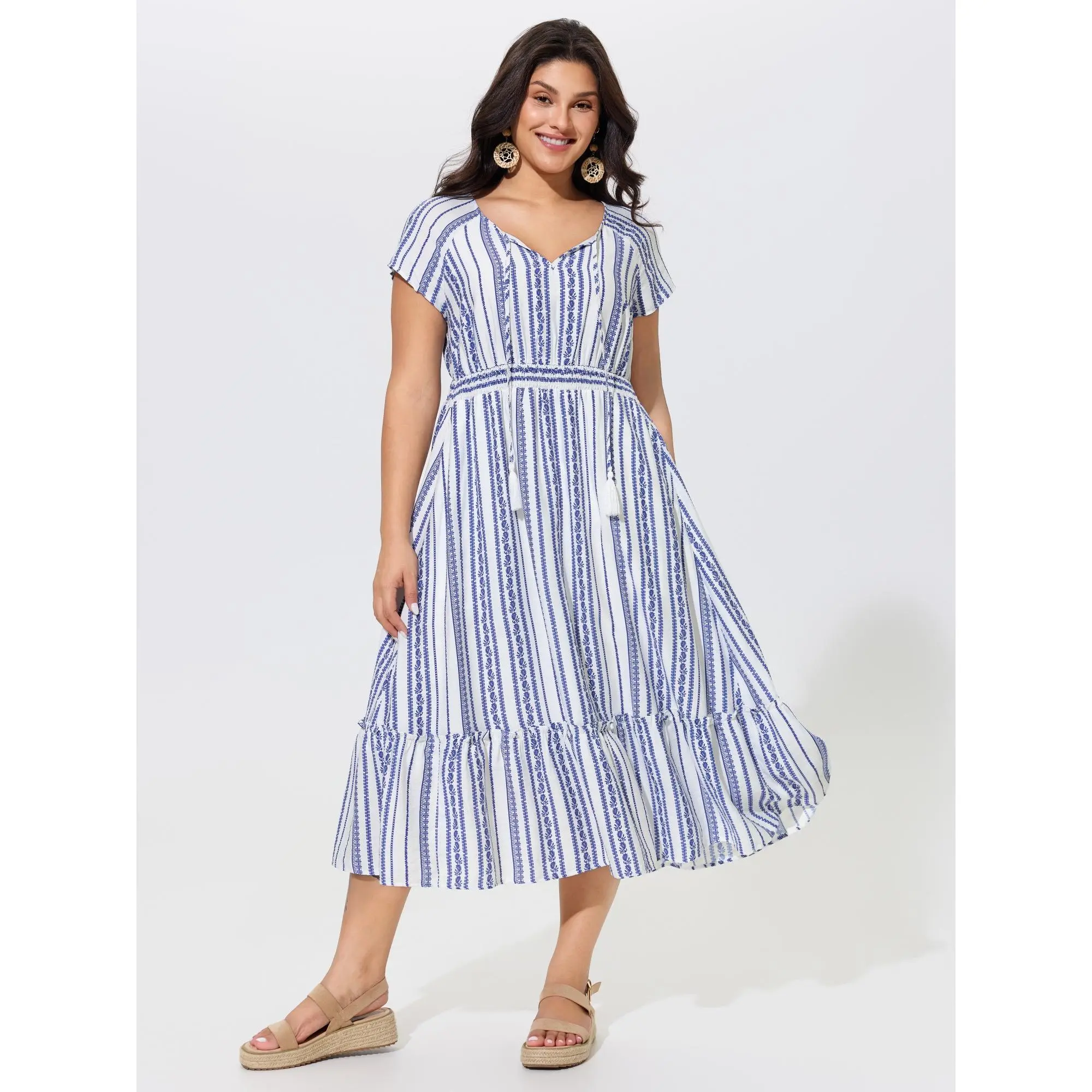 BLOOMCHIC Women's Bohemian Supersoft Smooth Nylon Short-Sleeve Striped Tassel Tie Shirred Waist Midi Dress, Plus Size Garment [M-6X] 2026 Summer Casual Dress