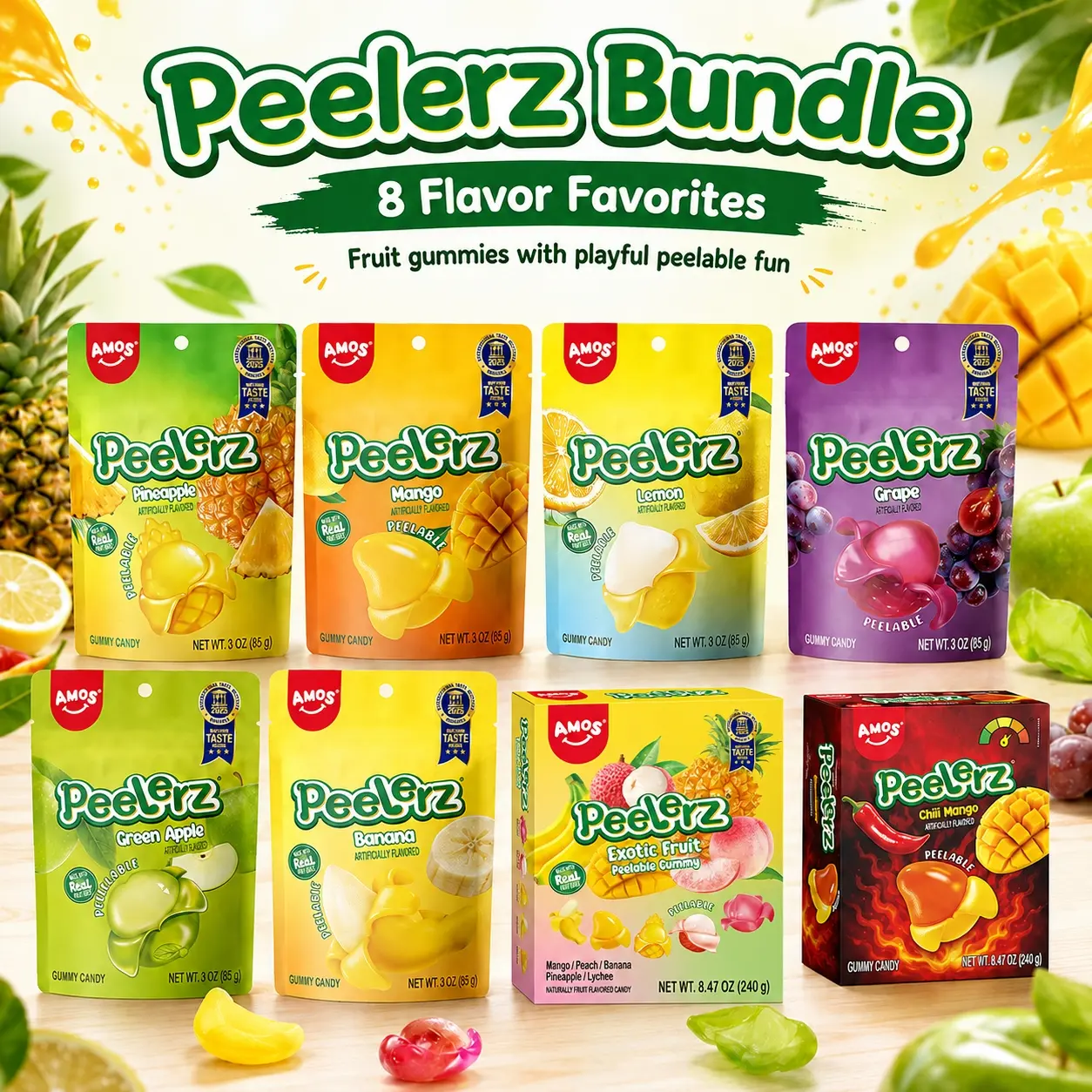 AMOS Peelerz Bundle Fruit Gummy Candy Variety Pack, 8 Flavor Favorites Including Mango, Grape, Lemon, Pineapple, Green Apple, Banana & Exotic Fruit, Peelable Fun Snacks