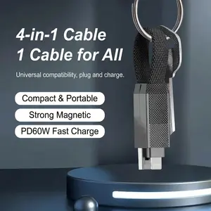 60W 4-in-1 USB-C Cable PD 60W Fast Charging DataSync USB-A Type-C Lightning Keychain Compatible with iPhone 16/15 iPad Samsung Laptops