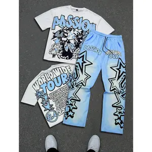(Ultimate discount offer)Men's Slogan Print Crew Neck Short Sleeve Casual T-Shirt And Pentagon Star Print Pants 2 Pieces Set Men Clothing Men T Shirt Co Ords Men T Shirt Co Ords