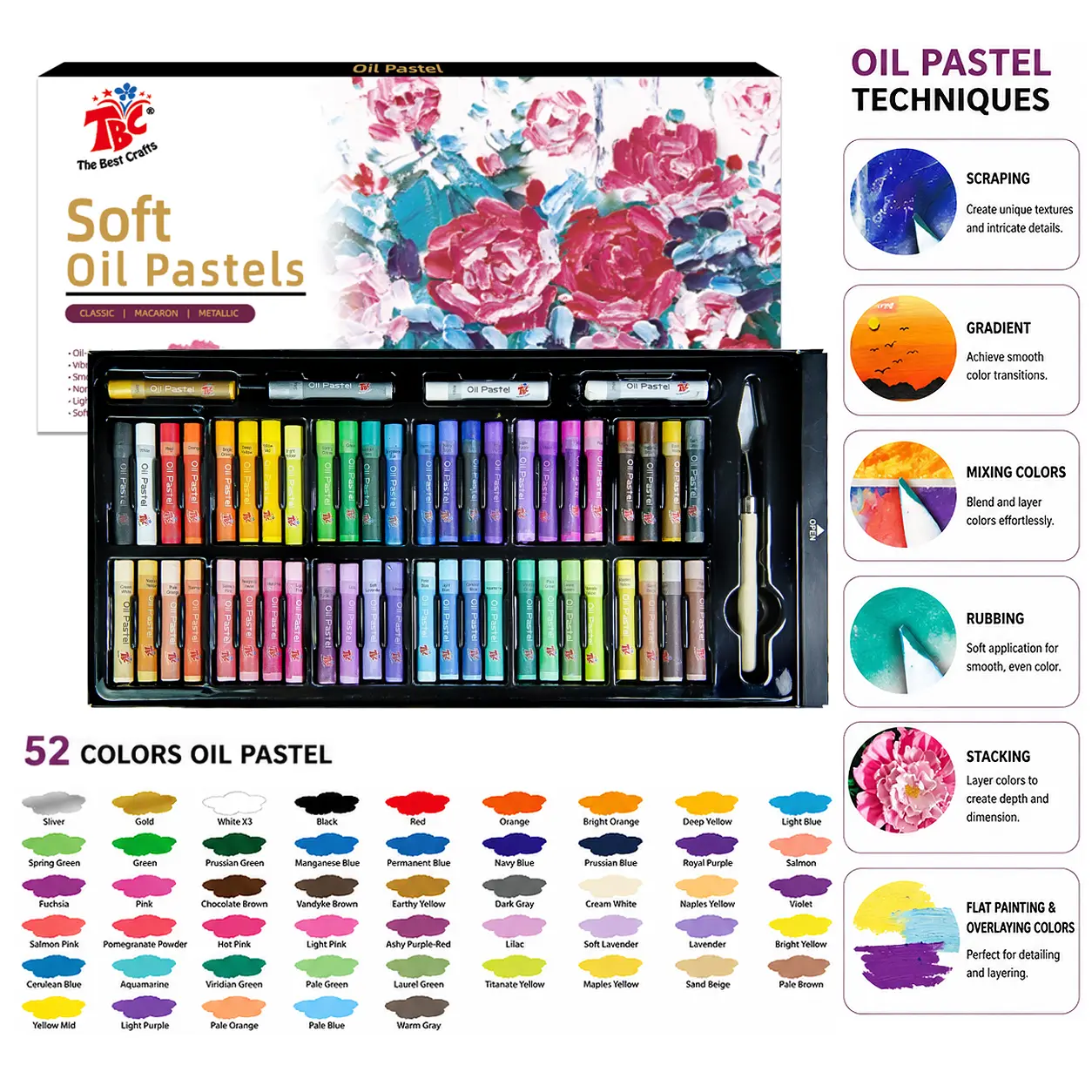 TBC The Best Crafts 52-Color Soft Oil Pastel Set - Classic Mix Macaron & Metallic Shades, Non-Toxic Smooth Blend Unisex Art Crayons, All Levels Art Supplies for Kids' Sketching on Paper/Card, Art For Kids