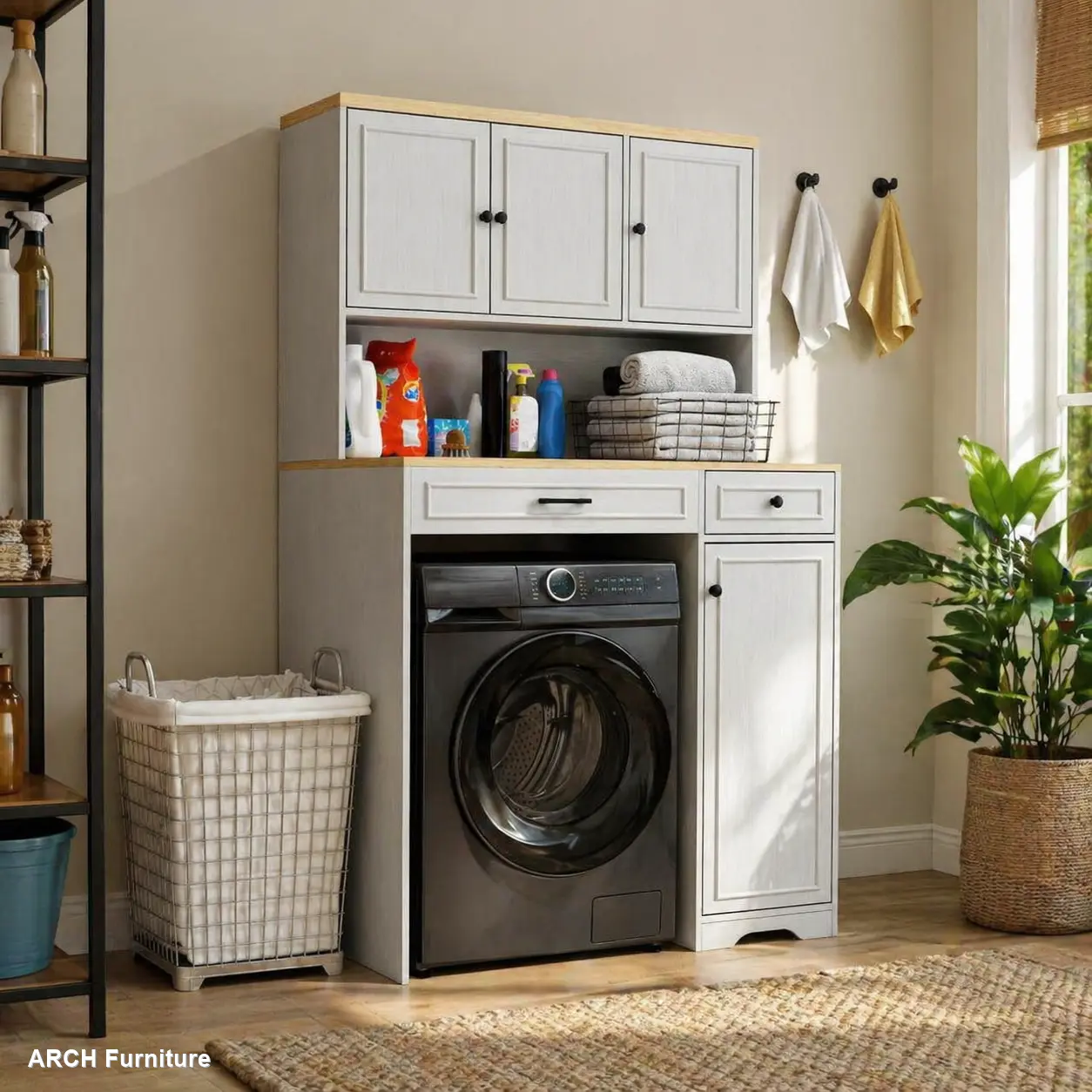 Antique White Engineered Wood Over-the-Appliance Storage Cabinet - Waterproof MDF+Triamine Indoor Cupboard with Anti-Tip Design, 1 Laundry Basket, 1 Fake Drawer, 2 Adjustable Shelves, 26x22x35", Assembly Required for Laundry Room Compact Washers & Dryers,