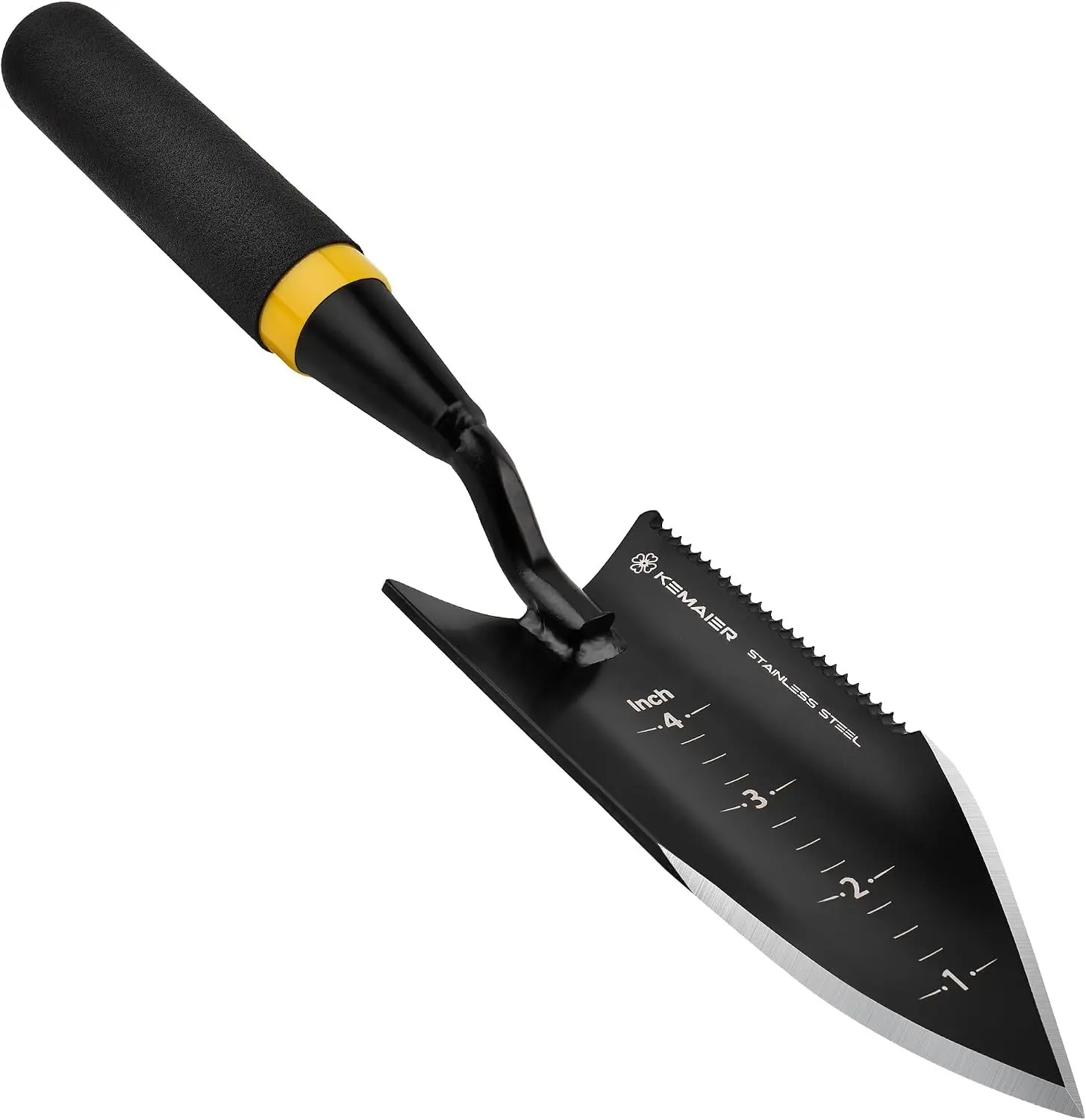 Heavy-Duty Stainless Steel Serrated Hand Trowel Garden Tool for Gardeners, with Measuring Scale for Effortless Dig, Weed Control and Precise Bulb Planting