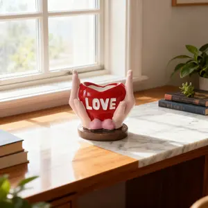 Hands Holding Red Heart LOVE Figurine - Multifunctional Candle Holder & Incense Burner for Boho Home Decor, Coffee Table Centerpiece & Gift