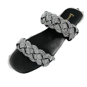 BRAIDED RHINESTONE DOUBLE BAND SANDAL FOR NARROW FEET AMITA-7 Classic Multicolor