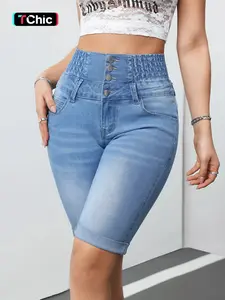 Women's Button High Waist Denim Shorts, Minimalist Cute Casual Comfy Roll Hem Shorts for Daily Wear, Ladies Bottoms for Summer, Womenswear, Jean Shorts, Button Fly Shorts, High Waisted Shorts, Casual Fitted Shorts