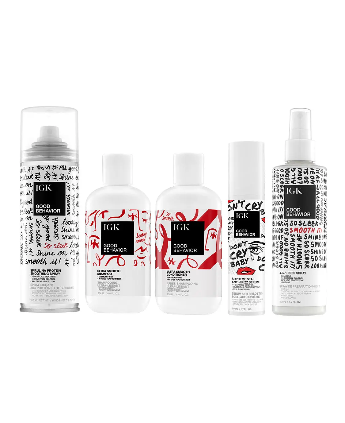 IGK Smoothing Bundle - Good Behavior Smoothing Spray, Good Behavior 4 in 1 Prep Spray, Good Behavior Supreme Seal Smoothing Serum, Good Behavior Ultra Smooth Shampoo, Good Behavior Ultra Smooth Conditioner