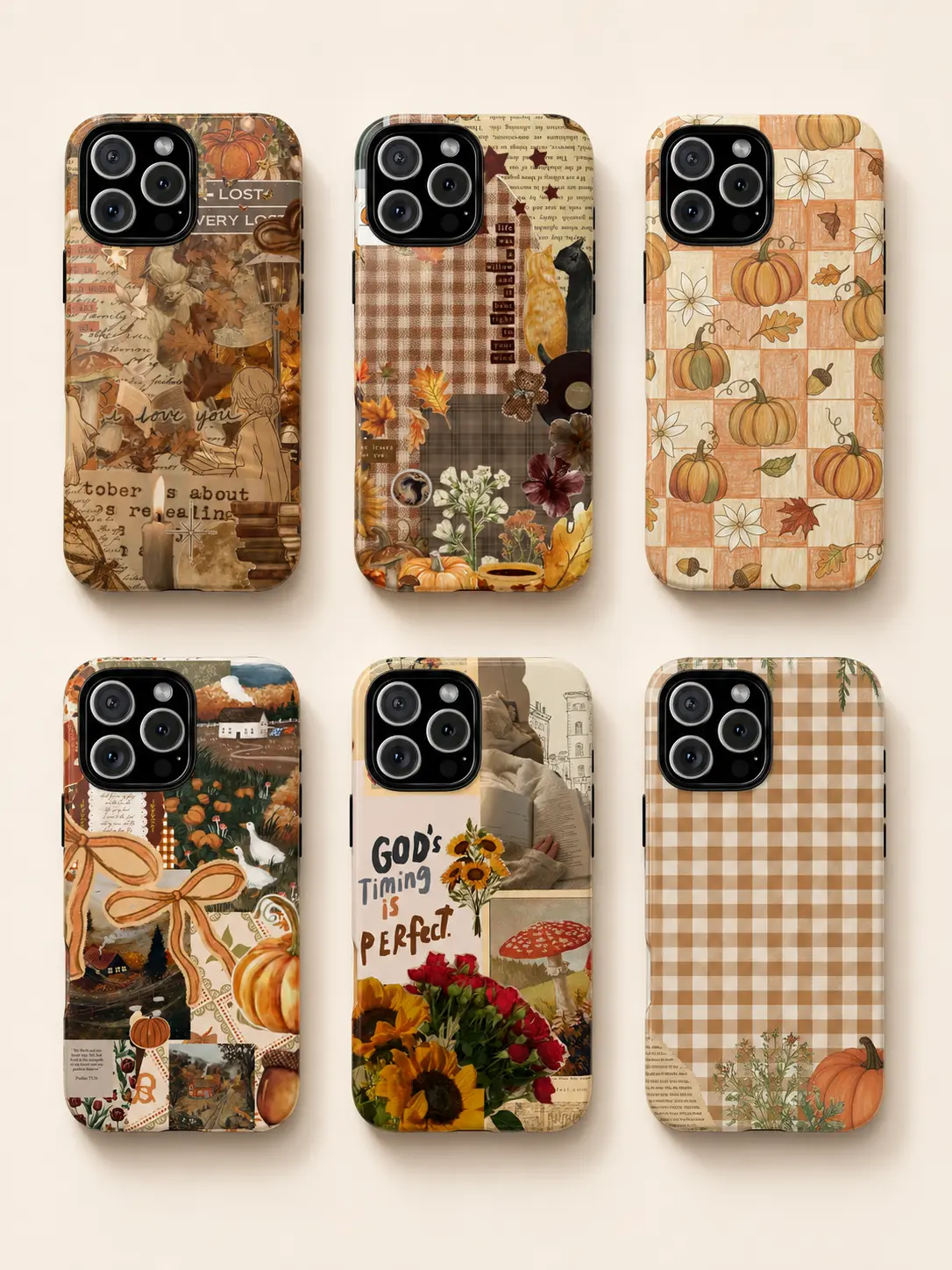 Fall Aesthetic Tough Phone Case Cottagecore Vintage Dark Academia Orange Cover Collage Design Halloween Pumpkin Print Plaid Pattern Floral Thanksgiving Harvest Anti-Fall Protection For iPhone 17 Pro Max 16 Plus 15 14 13 Mini 12 11, Galaxy S25