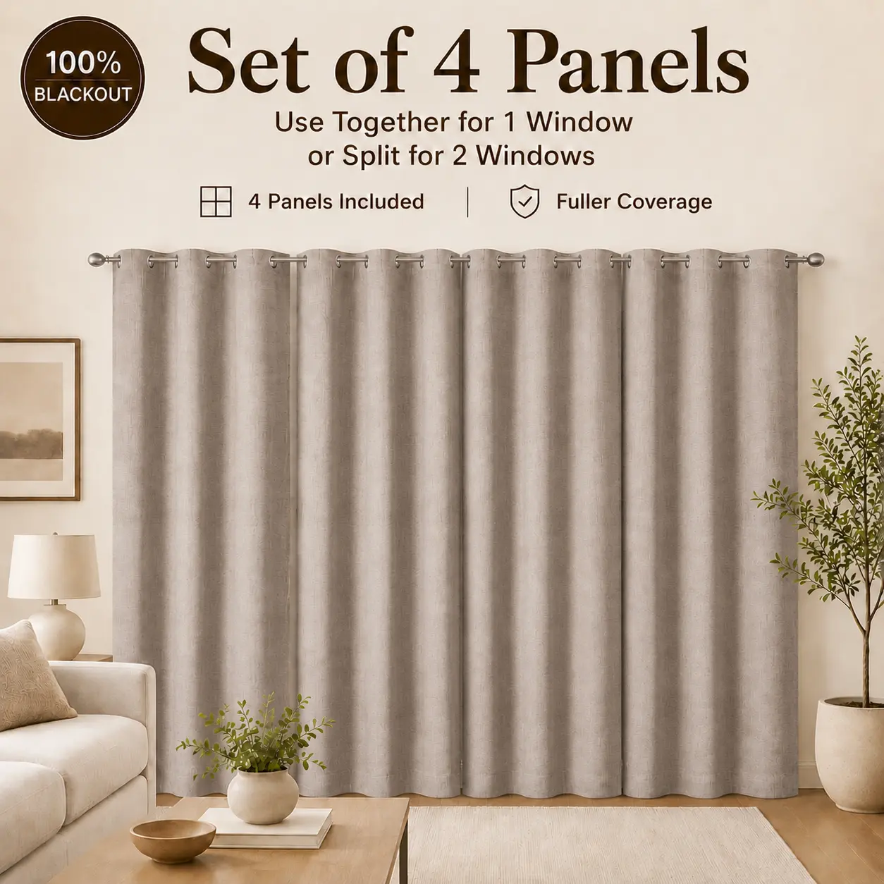 Nycto 4-Panel Soft 100% Blackout Liner Drapes, Linen-Look with White Backing & Silver Grommets, House Decor for Bedroom & Living Room Decorations, Fits 1 Large or 2 Smaller Windows