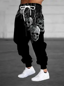 Men's 3D Skull Print Belt Casual Pants - Halloween Stretch Polyester Sweatpants Casual Streetwear Trousers