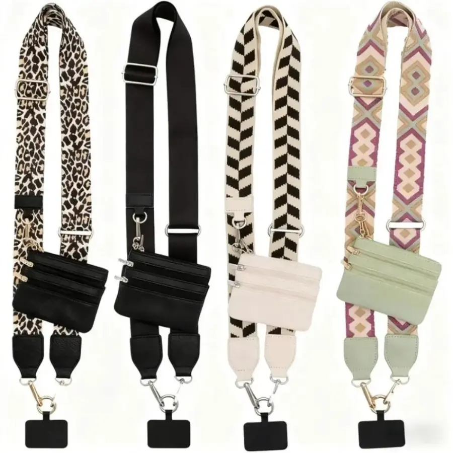 4-Piece Crossbody Wallet Phone Lanyard for Women, Hands-Free Adjustable Fabric Straps with Zipper Pocket, Leopard & Geometric Patterns, Travel Accessories, Adjustable Zipper Pocket, Phone Accessory, Cellphone, Mother's Day