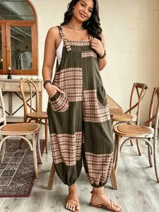 Plus size women's fashionable versatile color-block Plaid double-pocket cuffed overalls, suitable for summer, daily commuting, casual wear, and vacation Womenswear