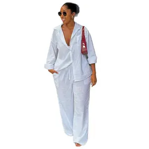Spring Summer Clothes Solid Women Pant Sets Two Pieces  Set Elastic Waist Wide Leg Pants Long Sleeves Shirt Loose Elegant Casual 2026 Spring