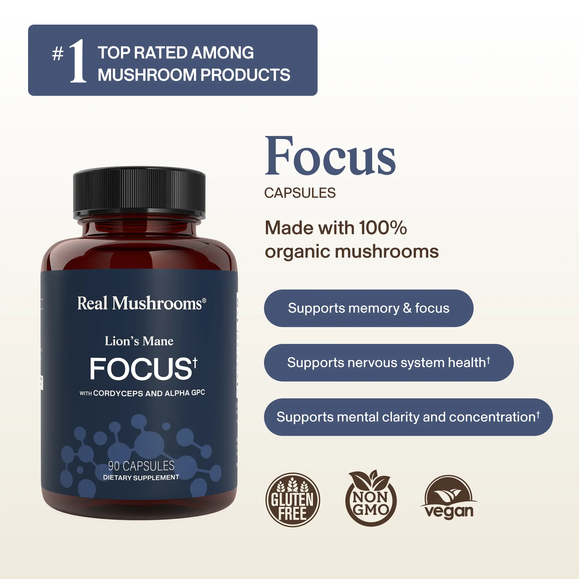 Real Mushrooms Lion's Mane FOCUS | Organic Lions Mane Cordyceps Alpha GPC | Focus & Brain Support | 60 Capsules | 30 Servings