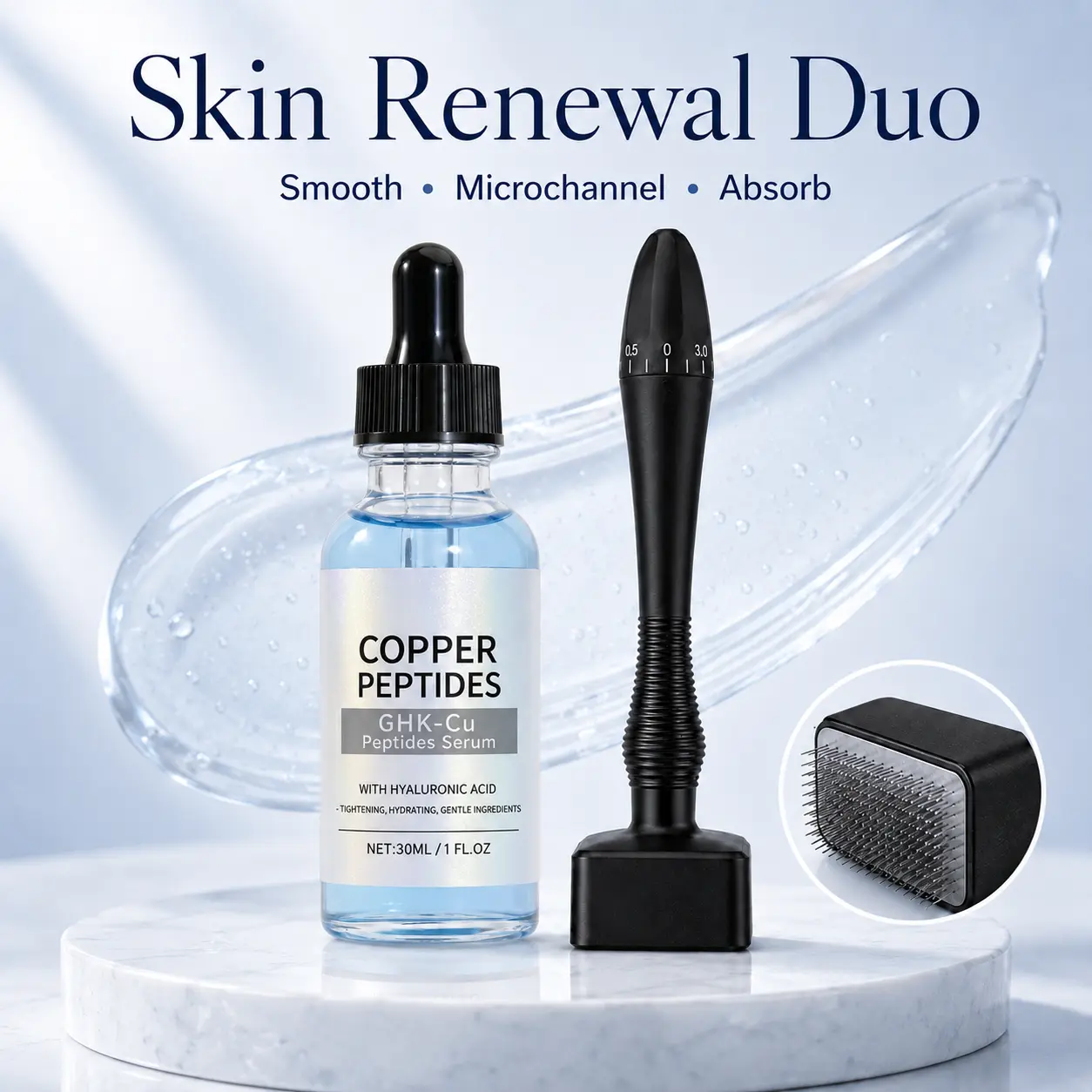 Copper Peptide Serum & Microneedle Stamp Tool Set, GHK-Cu Peptides Face Serum with Hyaluronic Acid, Adjustable Skin Care Stamp for At-Home Beauty Routine, Hydrating Daily Facial Care, 30ML