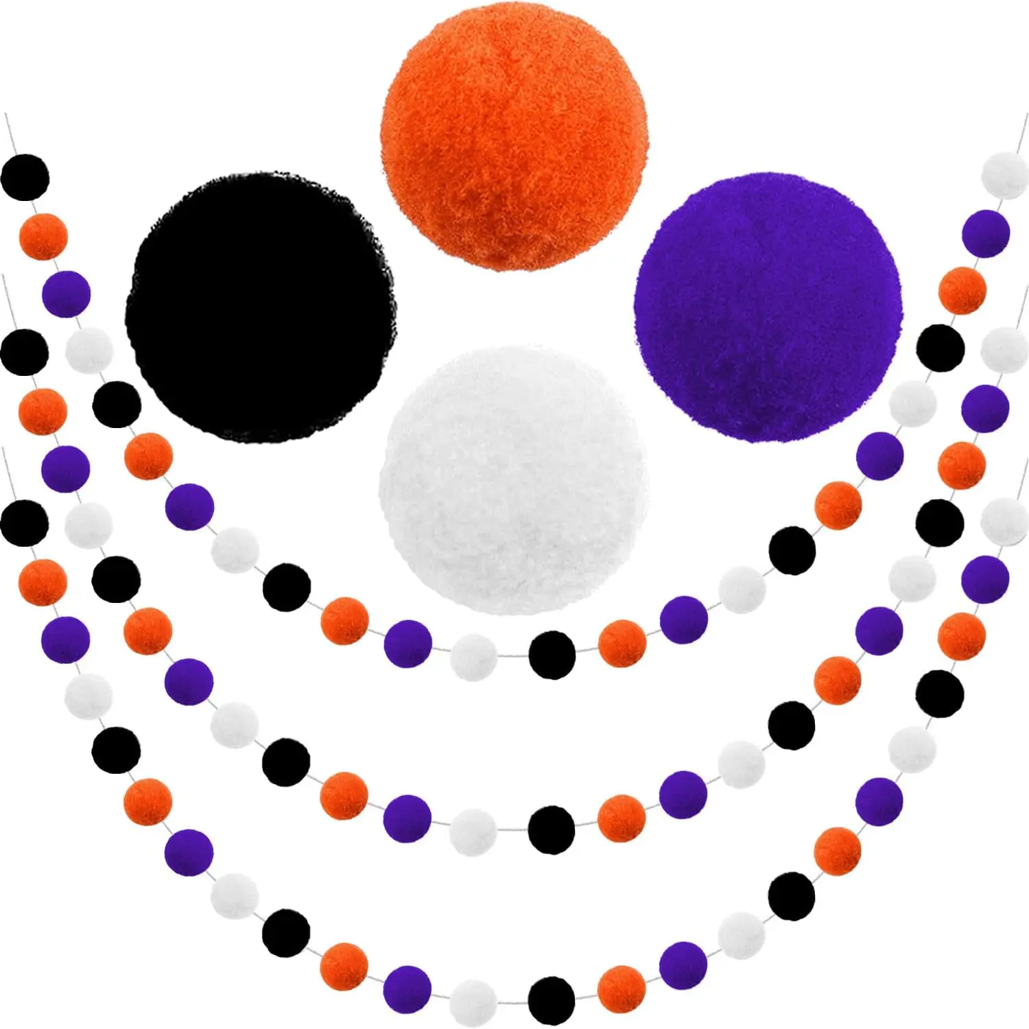 3-Pk Non-Toxic Cotton Gnome Halloween Felt Ball Pom Pom Garland - Adjustable Polystyrene Wall Decor, Valentines Day Festive Supplies (Orange, Purple, Black, White)