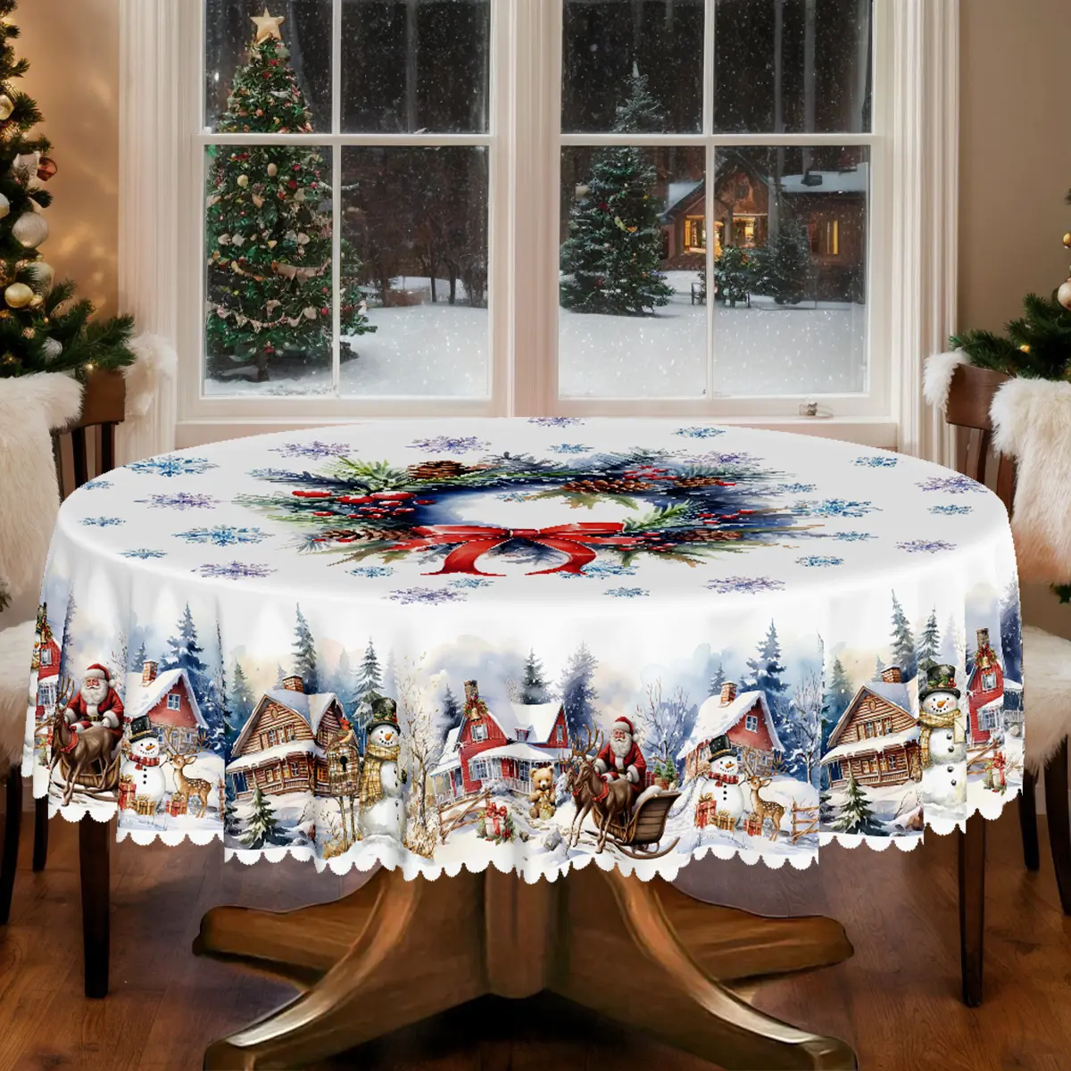 1pc Polyester Christmas Tablecloth with Lace Scalloped Edges, Snowman-Santa Claus-Wreath-Snowy Landscape Design - Round/Rectangular Outdoor/Indoor Holiday Party, Kitchen Dining Decor