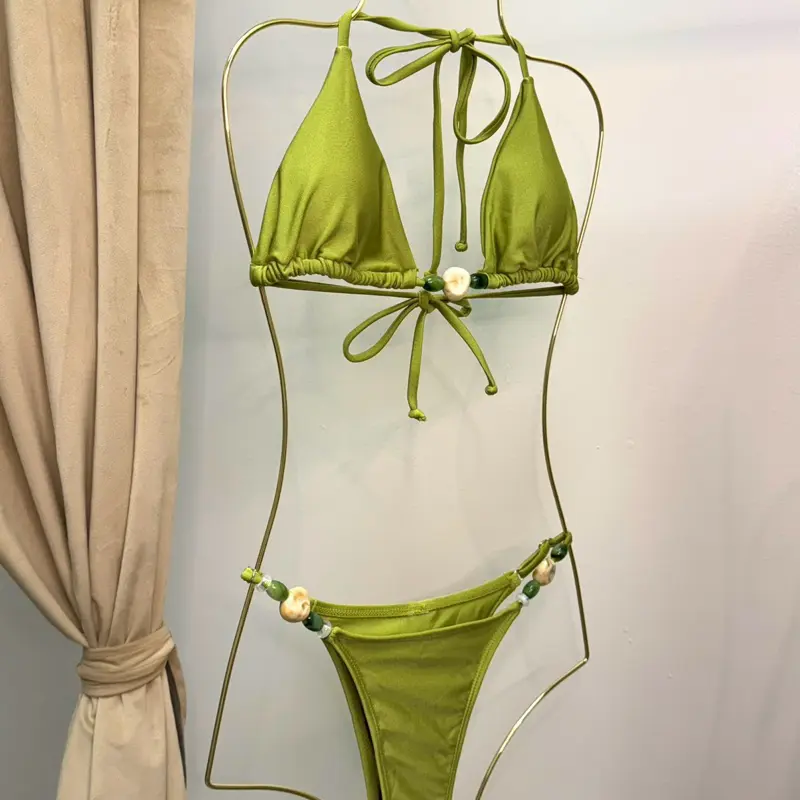 Women’s 2-Piece Bikini Set, Avocado Green, Pearl Detailing, Adjustable Bottoms, Cute Minimal Summer Poolside Wear