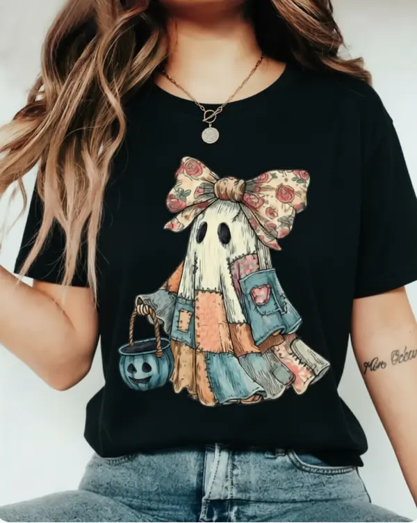 Coquette Women’s Summer Oversize Cotton Tee | Patchwork Ghost Floral Bow Pumpkin Bucket Vintage Halloween Print, For Soft Girl Pumpkin Patch Fall Casual Outfits, Soft Breathable Heat Transfer Loose Fit