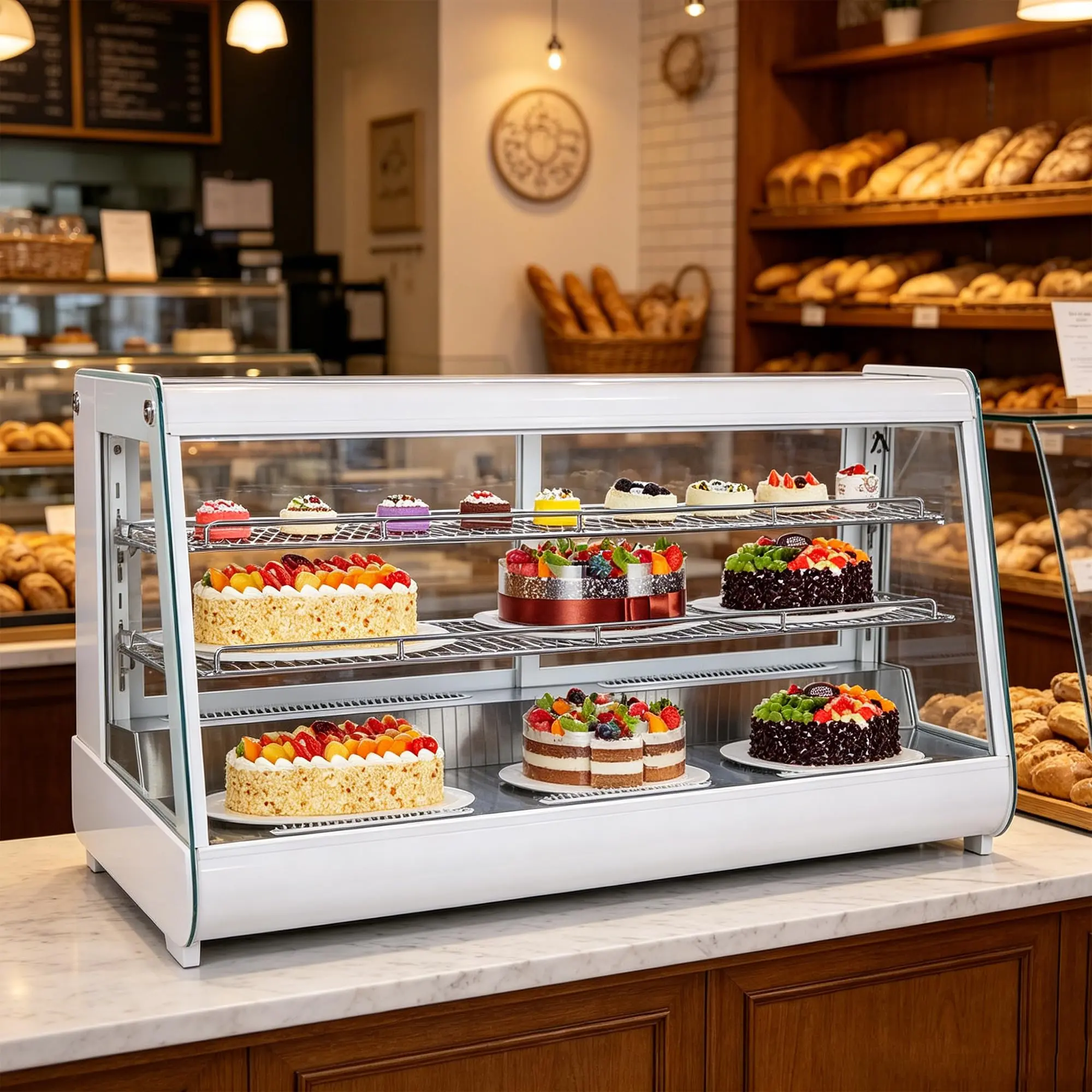 White Commercial Display Refrigerator - 8.1 Cu.Ft (230L), 2-Tier Air-Cooled Showcase with Auto Defrost, LED Light, Tempered Glass, Adjustable Shelves, 32-53.6°F, Wire, Space-Saving Countertop/Built-In Design for Bakery Cafe, Digital Control Panel