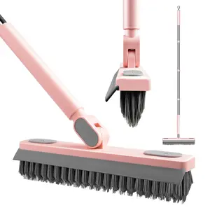 Pink Floor Brush with Long Adjustable Handle for Deep Cleaning Tile Grout, Shower, Kitchen & Hard-to-Reach Corners - Household Cleaning Supplies