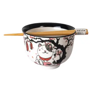 18oz 5"D Donburi Bowl With Chopsticks Set Lucky Cat Festival (4/16)