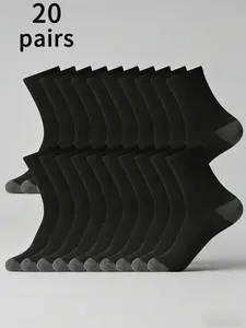 20 Pairs Men's Black Crew Socks, Comfortable & Durable Breathable Socks, All-Season Business Casual Essential, Basic Black Design with Reinforced Heel & Toe, Suitable for Sports, A Must-Have for Daily Outfits