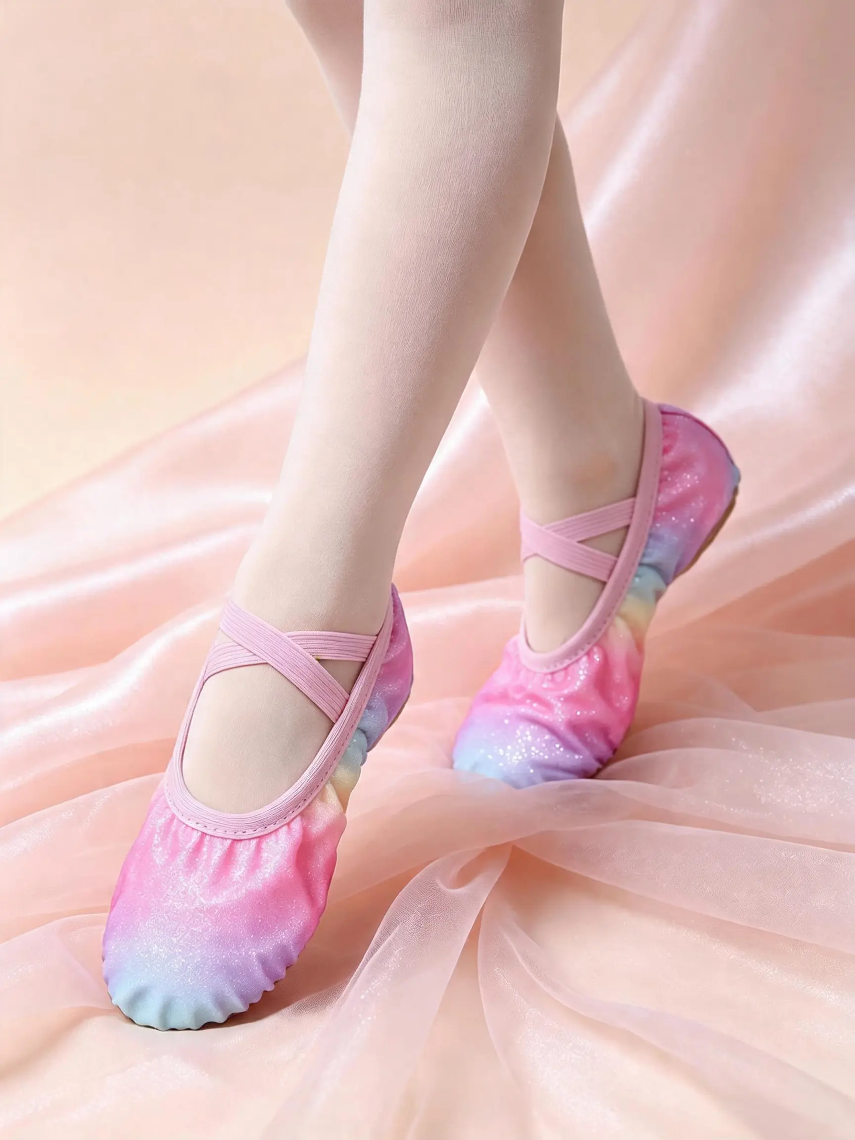 Girls' Rainbow Shining Flat Ballet Slippers - Soft Soles, Cross Straps - Suitable for Ballet Classes, Gymnastics Training