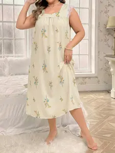 Bubble Cotton Summer Nightgown, Peach Color Leaf Pattern, Lace Trim, Loose Fit, Princess Style, Plus Size, Casual Home Wear, Loungewear, Nightwear, Nightie