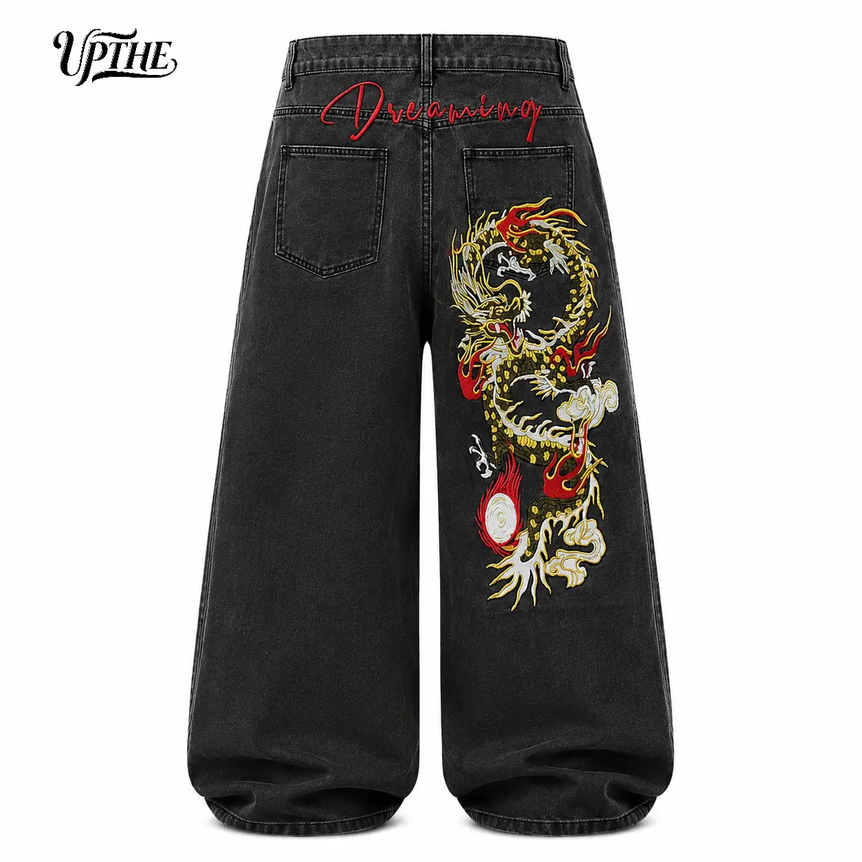 UP.THE Men's Vintage Chinese Dragon Embroidered Loose Denim Jeans, Y2K Streetwear Wide Leg Washed Black Menswear Pants, Stylish Fashion Vibe Hip Hop Oversized Casual Trousers