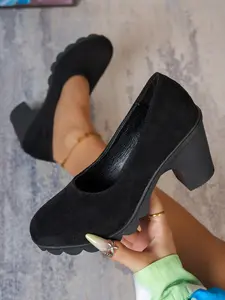 Women's Thick Sole Chunky Heel Round Toe Flatform Shoes, High Heels, Elegant, Comfortable Textile Inner Lining, Elevate Your Look for Work & Dates