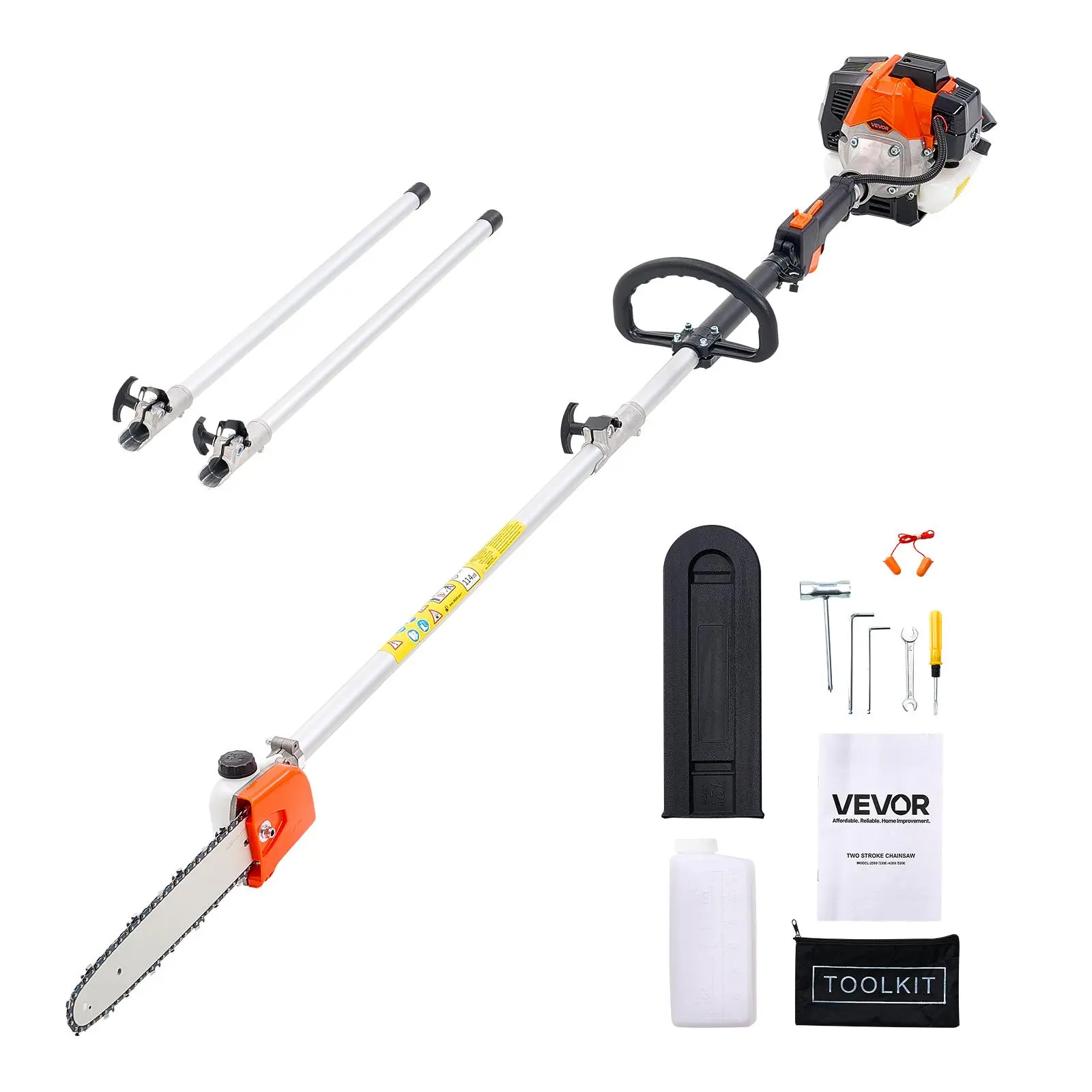 【Summerfinds】VEVOR 25CC 2-Stroke Gas Pole Chainsaw, 12 in Alloy Steel Cutting Bar, 23 fl.oz Fuel Tank, 7-12 ft Detachable Aluminum Alloy Extension Pole, Anti-Slip Handle for Tree Trimming, Chains, Full Kit, Detachable Extension Pole
