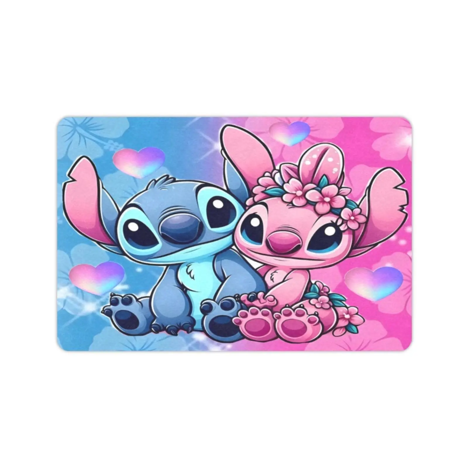 DISNEY CLASSIC Lilo & Stitch Angel Cartoon Doormat, Cute Pink Blue Stitch Floral Heart Indoor Floor Mat, Non Slip Washable Soft Entrance Rug, Aesthetic Anime Decor Mats For Bedroom Kitchen Bathroom Kids Room Home Decor