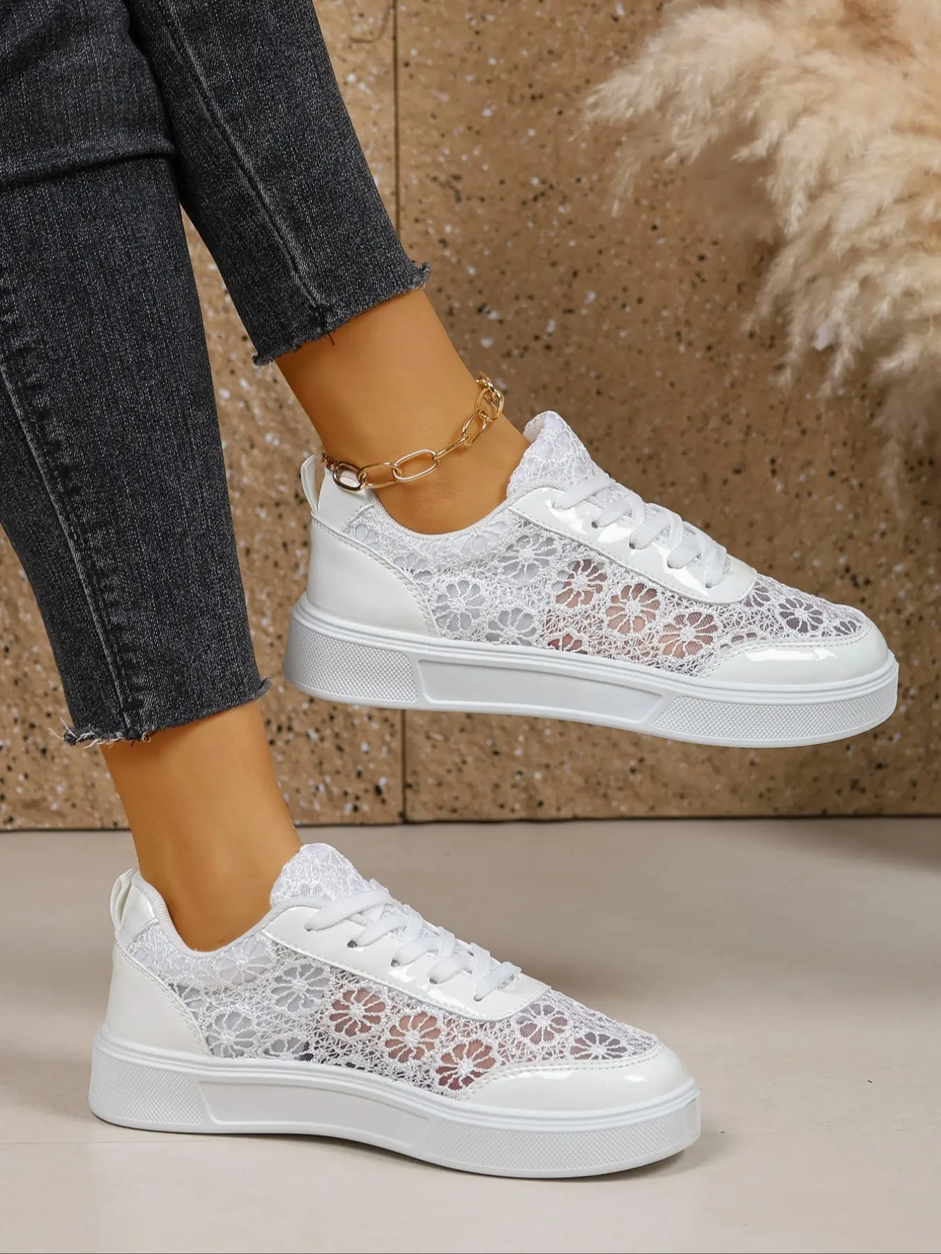 Summer Breathable Lace Mesh Women Casual Sneakers, Flat Trainers, Lace-up Flat Versatile White Walking Shoes