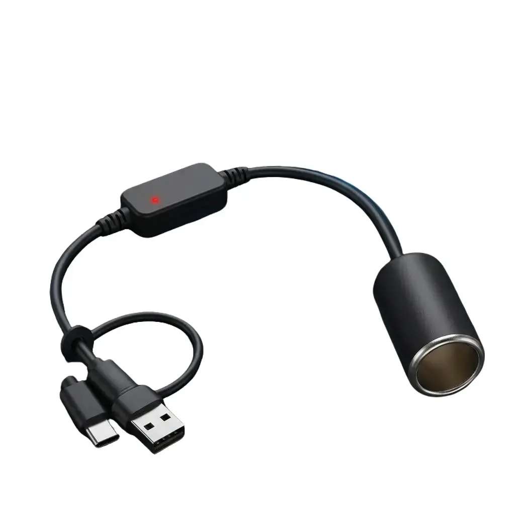 USB to cigarette lighter adapter, 35 cm cable, USB A and C inputs at 5V, 12V car cigarette lighter socket output, car recorder power converter, GPS, LED lights (up to 12W)