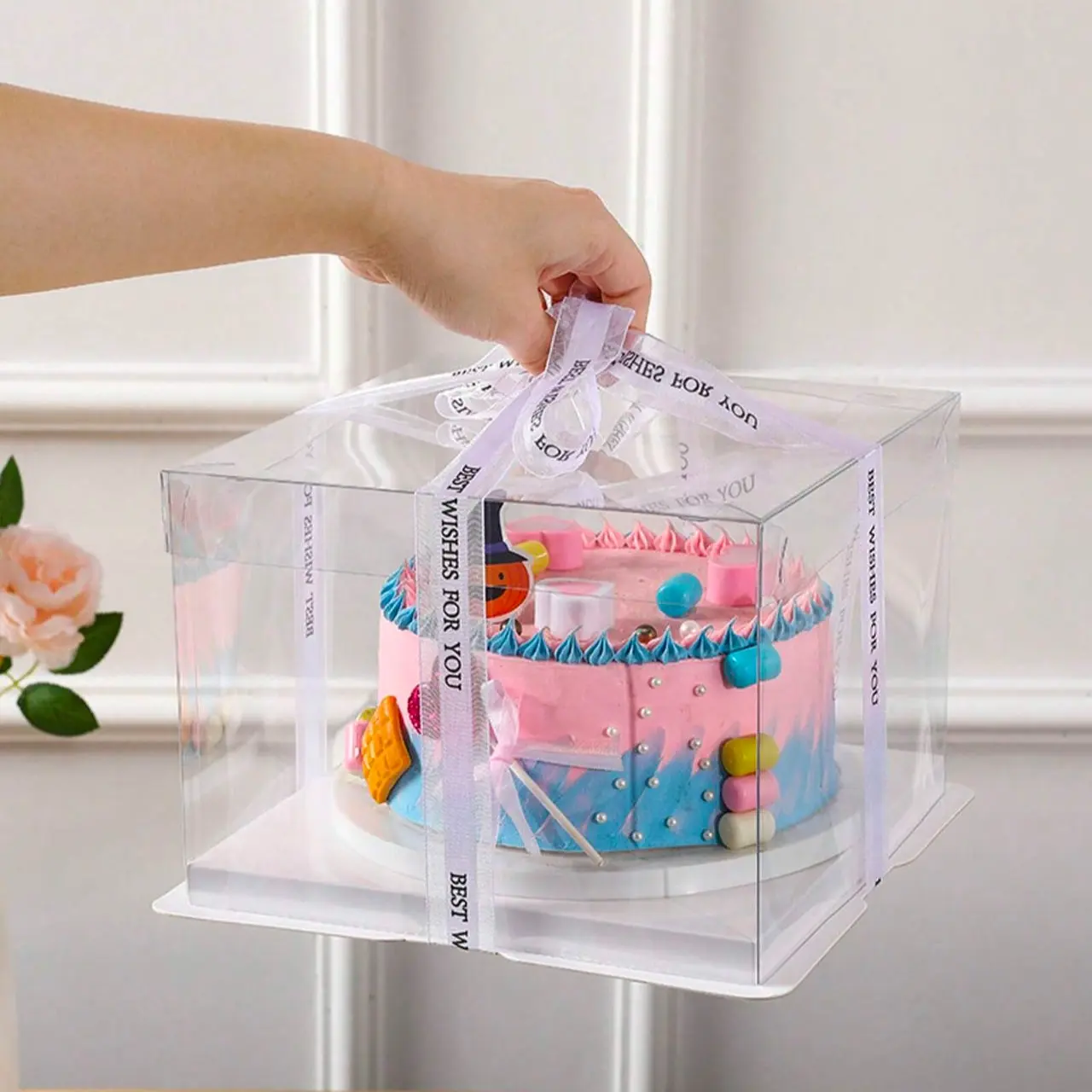 Transparent Gift Box for Party and Holidays, Multi-Layer Cake Wrapper, Handheld Birthday Gift Packaging, Random Ribbon Color, Classy Gift Box, Beautiful Gift Box