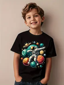 1pc Boys & Girls Kids' Space-Themed T-Shirt - Solar System Astronaut with Planets, Stars & Rockets Print - Short Sleeve Crew Neck Casual Casual Attire for, Playdates - Machine Washable Black Outer Space Outfit for &