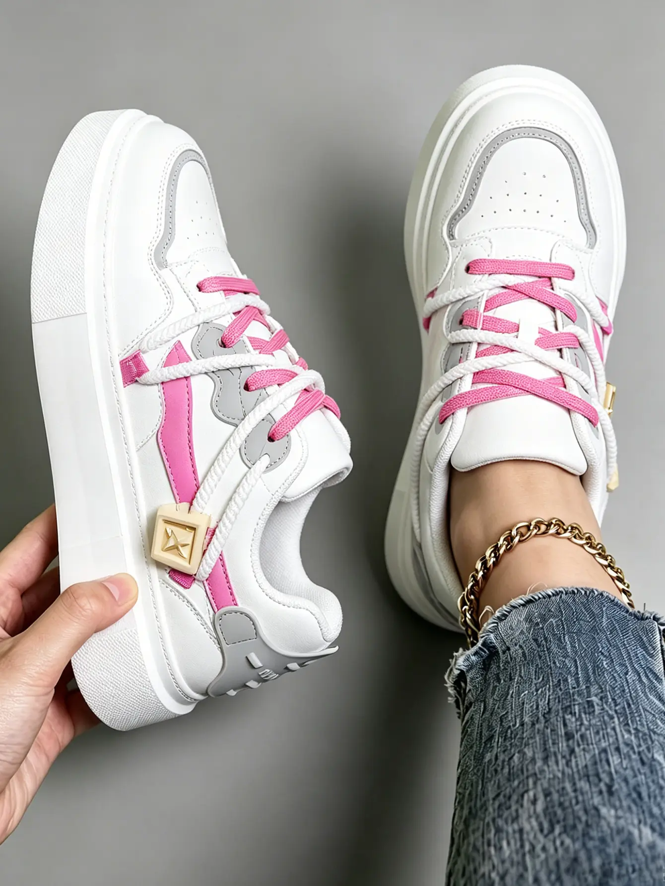 Women’s Color Block Platform Skate Sneakers - White, Hot Pink, Grey, Dual Laces, Square Star Buckle, Trendy Preppy Leather Aesthetic Round Toe Footwear, Walking Shoes for Outdoor Use, Outdoors, Affordable Fashion, Pu Leather