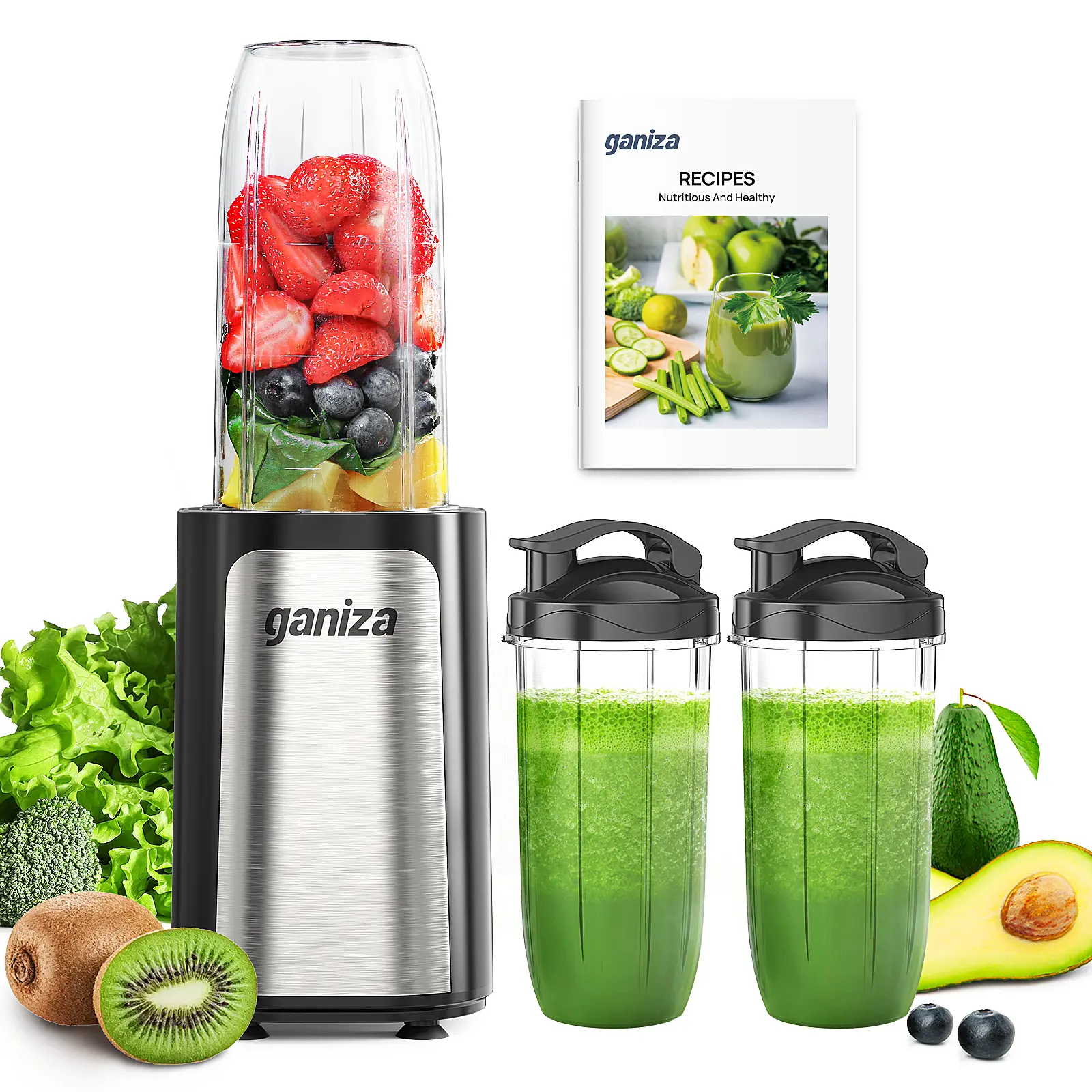 Ganiza 900W Compact Yet Powerful Lightweight No Battery Needed Portable Personal Blender - 14Pcs Food-Grade SS Frozen Drink Mixer, 3 Round Cups (1*24oz, 2*17oz), US Plug, BPA-Free Kitchen Single Serve Maker with Nutritious Recipe, Compact Yet Powerful Ble