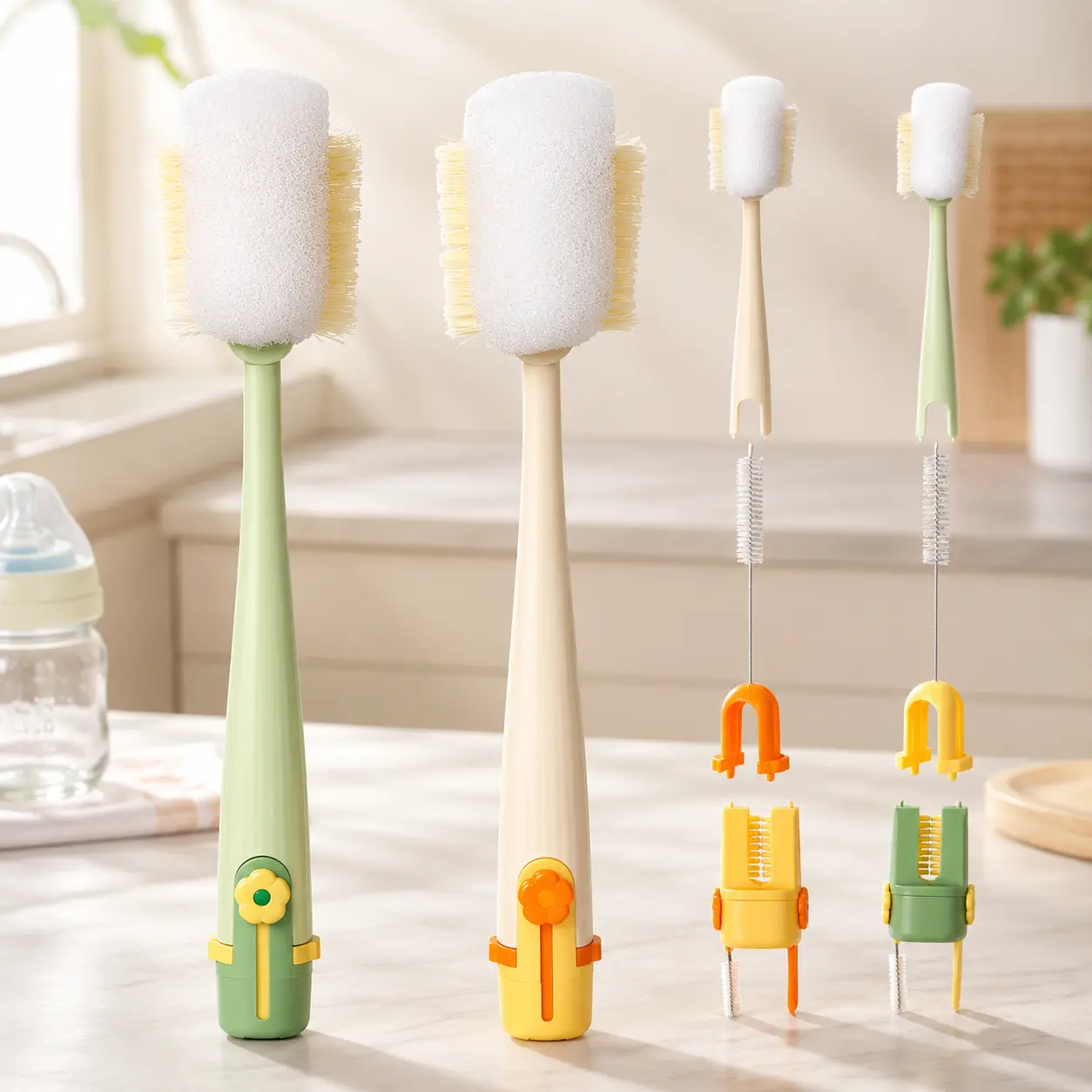 2PCS-5-in-1 Multifunctional Bottle&Straw Cleaning Brush, Innovative Foaming Bottle Brush Kit, Handheld Cleaning Tool for Baby Bottles, Nipples, Straws, Cups and Breast Pumps