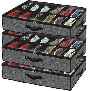 Closet Under Bed Shoe Organizer Fits 24 Pairs - Sturdy Under Bed Shoe Organizer, Set of 4 (Linen Black)
