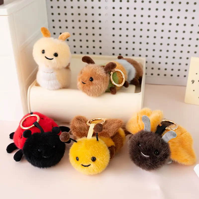 Soft mini insect plush hanging ornament—soothing bee and ladybug keychain; a versatile small charm for bags and schoolbags.