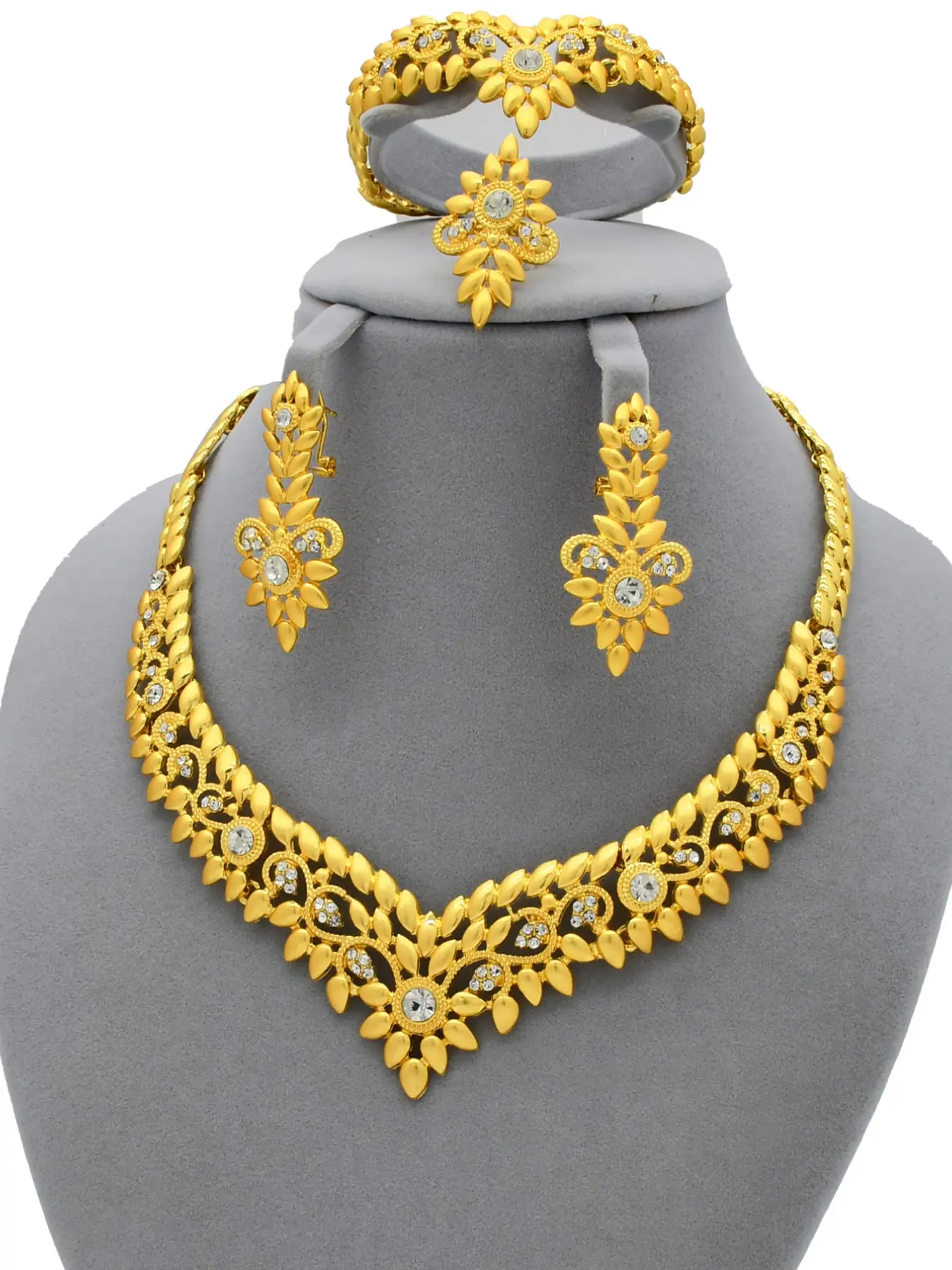 4-Piece Nigerian Gold-Plated Fashion Jewelry Set, Dubai Arabic Style Necklace Bracelet Ring Earrings, Elegant Party Accessories, Wedding Gift