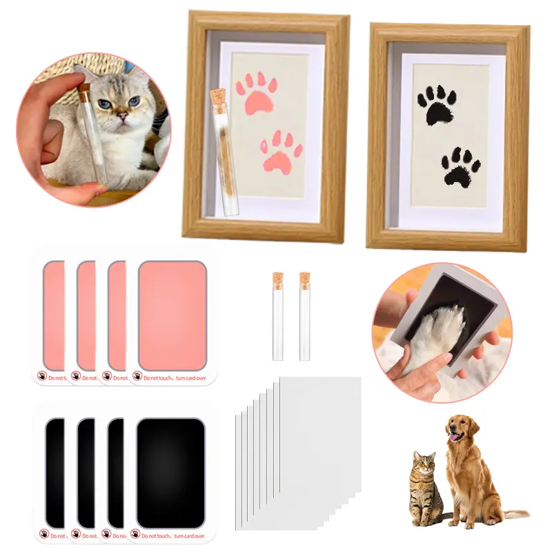 Pet Paw Print Kit 4-Pcs Ink Pads 2 Photo Frame Clean Touch Mess-Free Stamp Pad for Dogs Cats Keepsake Gift with Pet Hair Capsule for Kittens