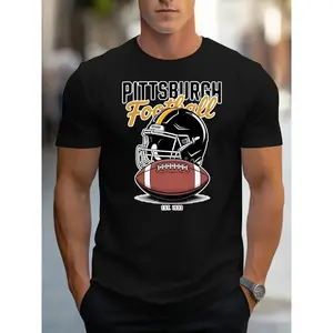 Men'S T-Shirt Black Pittsburgh Football Helmet and Ball Print Sports Fan Gear